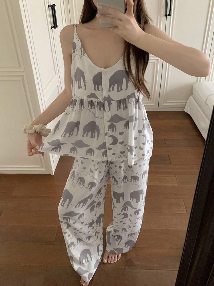 Animal Silhouette Print Camisole Top And Loose Pajama Pants Set For Women