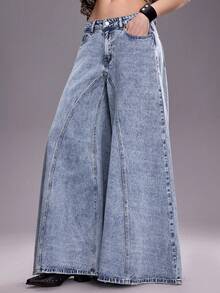 ROMWE Jeans de tiro bajo para mujer con patchwork y pernera extra ancha - Azul - Ver 6