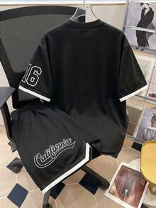 SHEIN 2pcs Tween Boy Black Summer Casual Streetwear City Break Printed Short Sleeve Top And Shorts Set,Loose Comfortable Contrast Tape Decor School Sports - Black - View 3