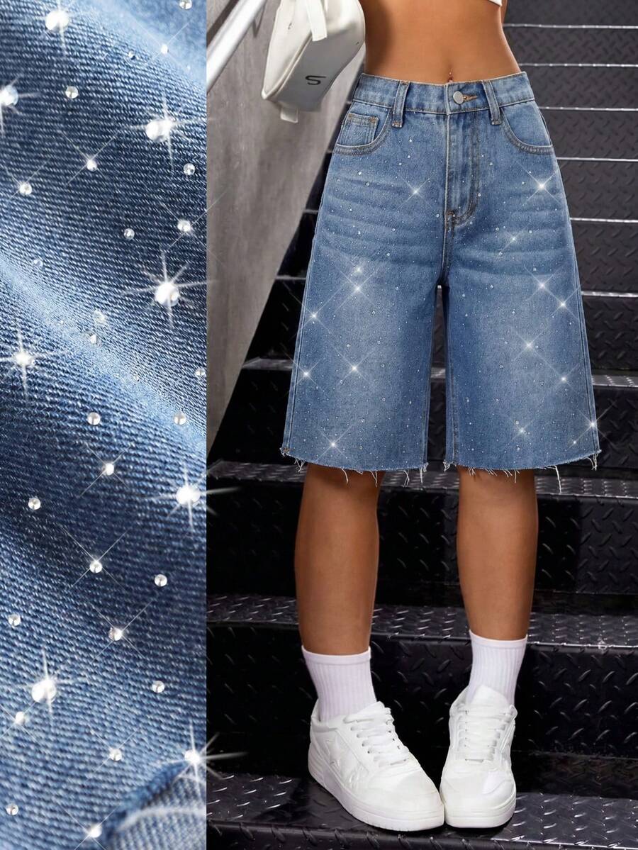 女童闪亮水钻装饰宽松牛仔短裤 - 中等水洗藍 - 查看 1