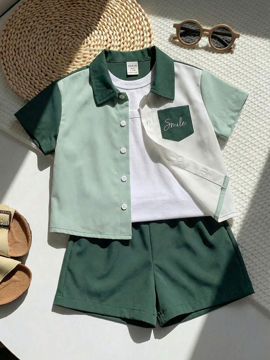 SHEIN 2件組小男孩拼色休閒襯衫與短褲套裝,度假風,小男孩穿搭,街頭風兒童夏季復古男童服飾 - 綠色 - 查看 1