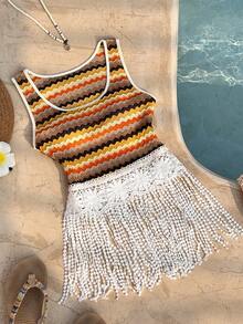 Trelyra Women's Vacation Bohemian Fringe Hem Camisole Beach Party Outfit For Women Crochet Beach Outfit Top Summer Outfit For Women Beachwear Vacation Outfits Woman - Multicolor - View 8