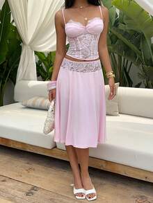 Aloruh Bộ đồ hai mảnh ren hồng, trang phục công sở thanh lịch và gợi cảm. - Hồng - Xem 5