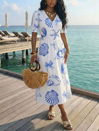 SHEIN Clasi Đầm nghỉ mát mùa hè thanh lịch mới dành cho nữ, cổ chữ V, thắt eo, in hoa, xẻ tà, thích hợp cho mùa hè.