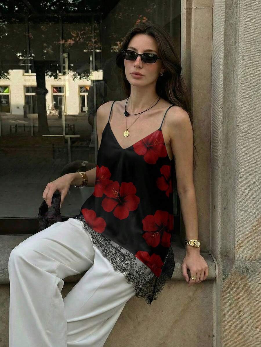 Aloruh 女士优雅性感复古印花撞色蕾丝吊带背心，适合外出、街头风、派对、婚礼、时尚、通勤、度假等场合。 - 白色 - 查看 1