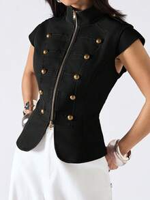 LYSMO 2026 New Minimalist Spring/Summer Vintage Stand Collar Jacket, Suitable For Commuting - Black - View 5