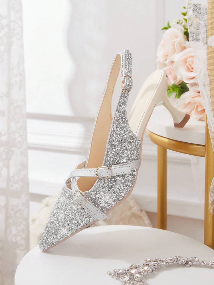 CUCCOO HITCHD Women'shoes Spring And Summer New Stiletto High Heel Romantic Elegant Silver Glitter PU Women's High Heel Shoes Dress Shoes Bridal Shoes Wedding Season Party Valentine's Day Elegant Wear