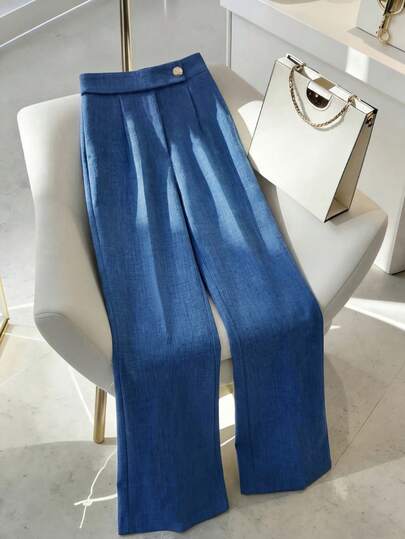 GlowEve Quần ống rộng nữ màu trơn có cúc, kiểu dáng thường ngày, đa năng.