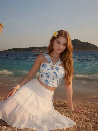 SHEIN MOD Camiseta de tirantes con estampado floral, cuello cruzado y decoración de estrella de mar de metal para mujer. Ideal para verano, festivales, playa, boda, vacaciones, estilo vintage, en colores blanco y azul. Top corto con escote de corazón, tirantes anchos y detalle de estrella de mar en el frente. Top ajustado y romántico con estilo costero y campestre, perfecto para vacaciones, playa, fiestas, citas, festivales, streetwear de verano, té, eventos, impresión floral, salidas, lindo, fiesta de jardín, boho, Y2K, vintage, cottagecore.