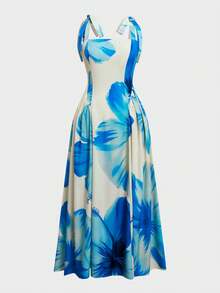GlowEve CURVE Women's Sleeveless Floral Print Dress,Blue Butterfly,Summer,Beach,Holiday,Holiday,Cinched Waist A-Line Style For Vacation Garden Stroll - Multicolor - View 3
