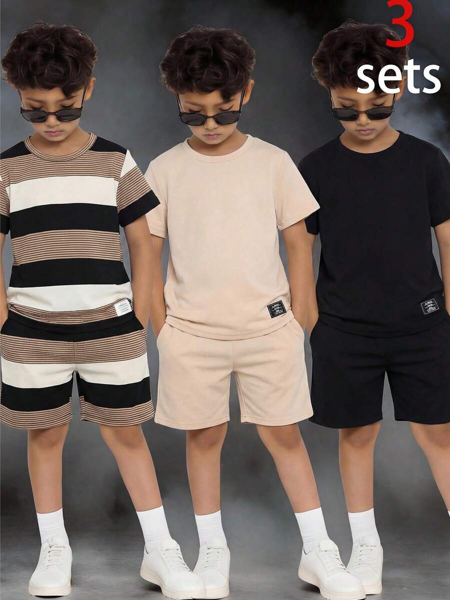 SHEIN 买三送三！幼儿男童休闲舒适条纹圆领短袖T恤短裤套装，卡其色T恤套装、黑色T恤套装、黑白T恤套装，基础款上衣、基础款裤子，Y2K风格套装，适合春夏、郊游、情人节、约会、旅行、度假、家庭聚会、返校、婚礼、晚宴、运动、生日派对等场合。 - 彩色 - 查看 1