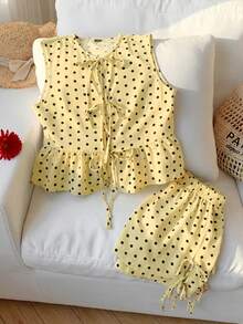 Conjunto de 2 piezas para mujer con cuello redondo, sin mangas, lunares y lazo en color marrón - amarillo ganso - Ver 5