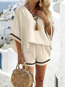 Balvessa Women's Casual Vacation Beach Outfit, Bohemian Style V-Neck Contrast Color Short Sleeve Top And Shorts, Summer - Khaki - View 4
