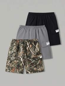 SHEIN 3 Pc Tween Boy Loose Casual Woven Grey Summmer Hiking Workwear Shorts Set,Solid Color Sports Simple Basic Versatile Multi-Color Multi Piece Set - Grey - View 12