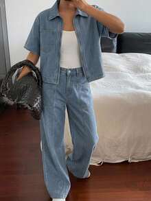 Women's Casual Collared Short Loose Top And Denim Pants Set - Blue - View 3