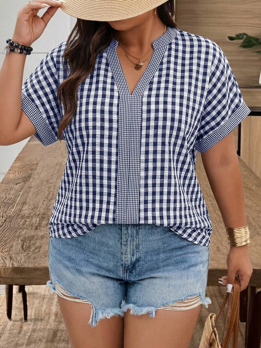 Weeklong Plus Size Women's V-Neck Plaid Patchwork Casual Shirt, Spring/Summer - Navy Blue - View 1
