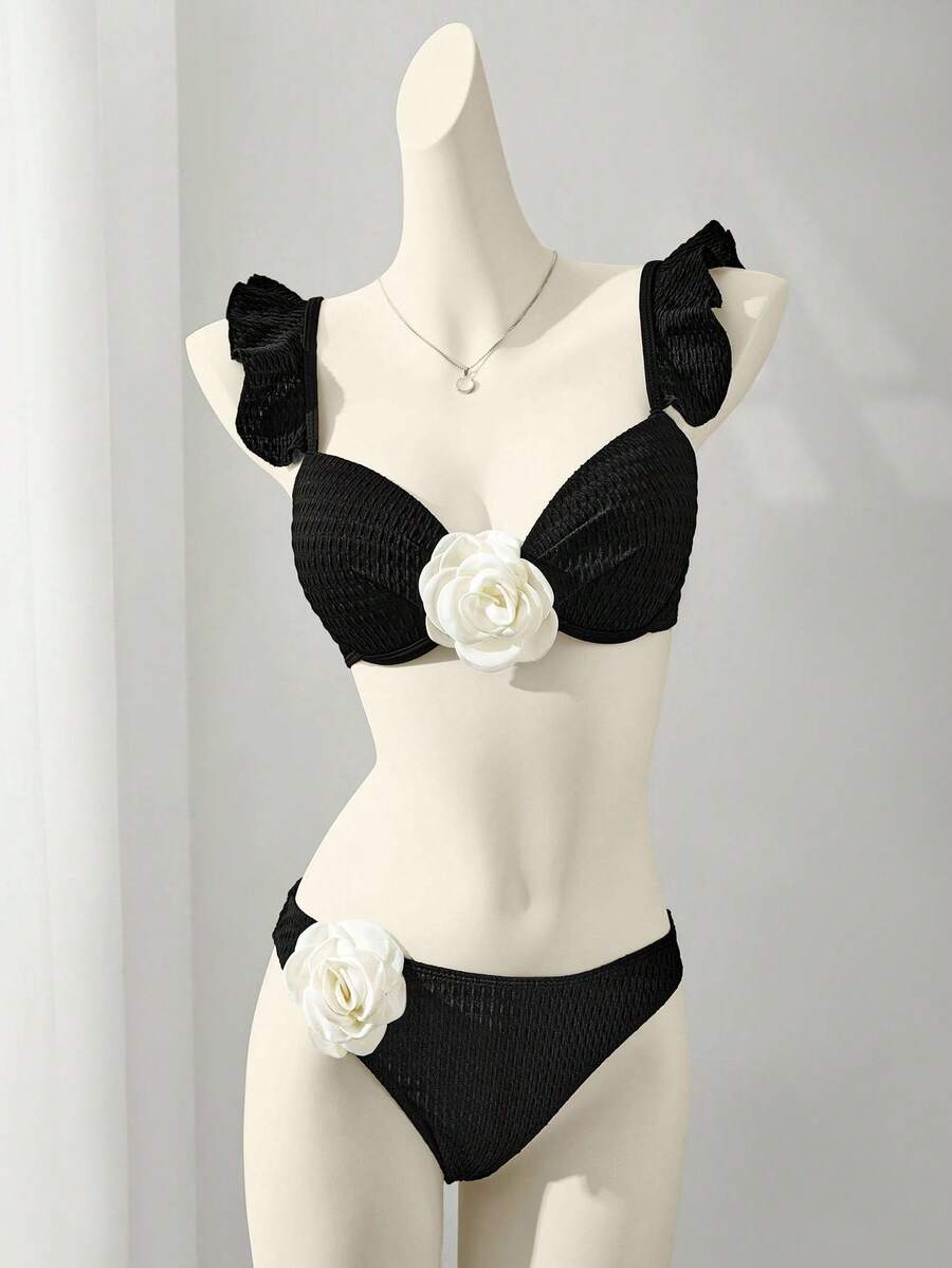 SHEIN Swim 女士夏季海灘比基尼套裝,3D花裝飾和性感頸後綁帶 - 黑色 - 查看 1