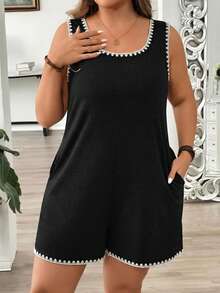 EMERY ROSE Plus Size Women's Summer Vacation Style Contrast Color Shell Flower Crafted Round Neck Casual Jumpsuit With Pockets, Suitable For Travel, Vacation, Summer And Daily Wear - Black - View 4