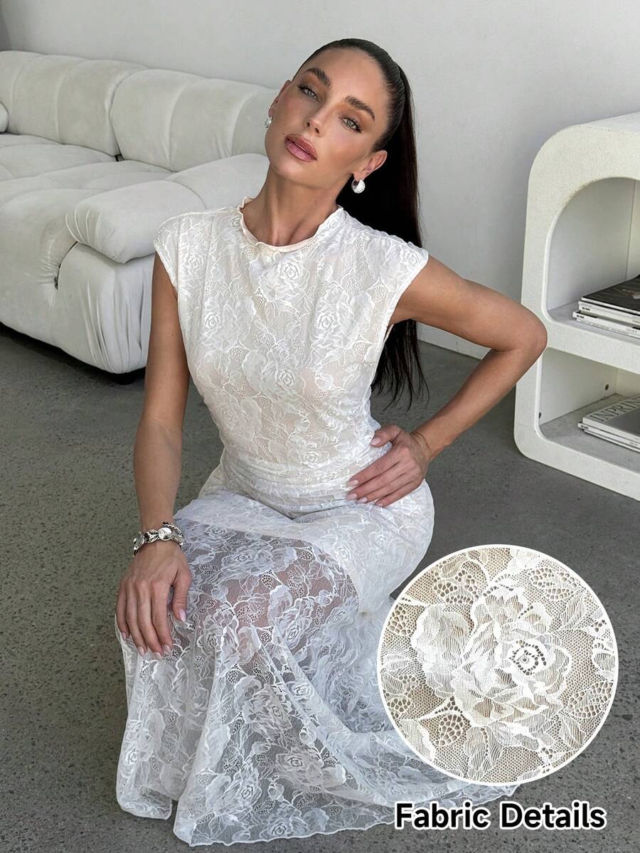 Lavishia 女士无袖白色蕾丝连衣裙，优雅适合派对、外出、婚礼季 - 白色 - 查看 1