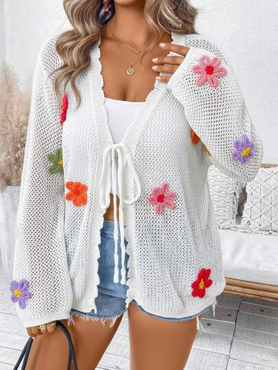 SHEIN Clasi Plus Size Women's Solid Color Knit V-Neck Hollow Floral Decor Long Sleeve Regular Elegant Vacation Lightweight Cardigan, Spring/Summer Fall Winter Cloth For Women Autumn