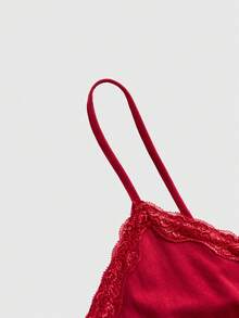 ROMWE Fairycore Spring/SummerPlus Size Women Solid Color Fashion Spaghetti Strap Lace Camisole Valentine's Day - Red - View 3