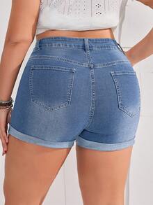 EMERY ROSE Plus Size Rolled Hem Washed Slim Fit Denim Shorts - Light Wash - View 2