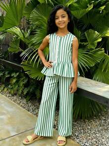 SHEIN 2 piezas Conjunto de niña preadolescente con camisa sin mangas con botones de lazo y pantalones alargados - Multicolor - Ver 5