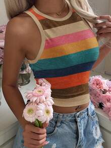 SHEIN EZwear 休閒簡約度假波希米亞優雅復古條紋印花圖案，海灘，女款夏季圓領貼身背心上衣 - 彩色 - 查看 4
