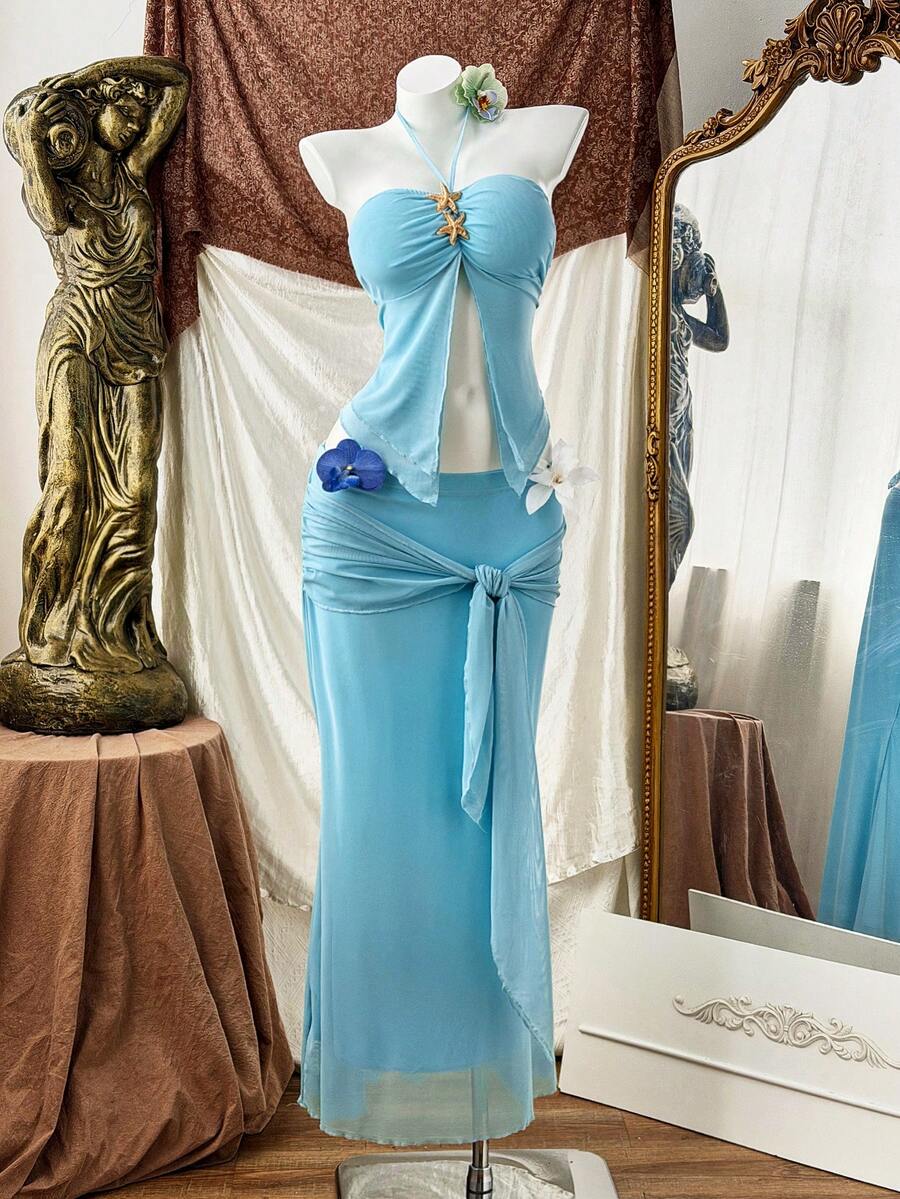 Sweetra Bộ đồ đi nghỉ hè gợi cảm, quyến rũ gồm áo croptop không dây và chân váy mini ôm sát. - Màu xanh lam - Xem 1