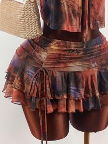 Amplova Bộ đồ 2 mảnh dành cho nữ, họa tiết da báo, gợi cảm, phong cách avant-garde, nhuộm tie-dye, gồm áo cổ chữ V sâu, không tay và chân váy mini xếp ly cạp siêu thấp. - Nhiều màu - Xem 7