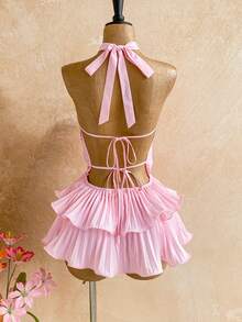 Soleia 女士度假沙滩印花荷叶边褶皱露背吊带迷你连衣裙 - 粉色 - 查看 2