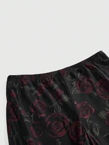 ROMWE Gothic Style Velvet Rose Print Plus Size Women Pants - Black - View 3