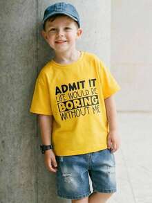 SHEIN Conjunto de 2 peças para menino, composto por camiseta de manga curta e shorts jeans com bordado de urso. Ideal para uso casual, esportes, escola, atividades ao ar livre e verão. - Amarelo - Ver 5