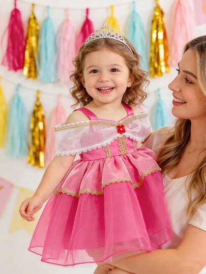 Glamorique Kids 玫红色女婴网纱缎面连衣裙，饰有刺绣蕾丝，适合婴儿生日、舞台表演、节日派对等场合，可作公主裙、婴儿连衣裙、派对连衣裙、娃娃裙、婚礼连衣裙、女婴派对连衣裙、粉色婴儿连衣裙。