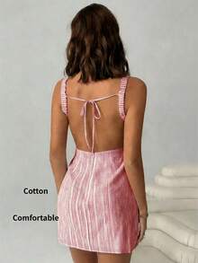 SHEIN EZwear Women's Casual Striped Tie-Front Backless Mini Dress For Vacation,Summer Dresses For Women - Red and White - View 8