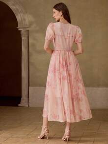 MOTF PREMIUM VESTIDO DE VERANO 2025 DE MUJER CON ESTAMPADO, CUELLO EN V Y ENCAJE FRANCÉS PARA VACACIONES - Rosa Pálido - Ver 3