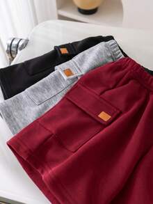 SHEIN 3pcs Young Boys' Casual Comfortable Pocket Decor Knit Shorts Set - Red - View 6