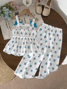 SHEIN Young Girl Floral Pattern Ruffle Hem Camisole Top And Wide Leg Pants Set - Multicolor - View 3