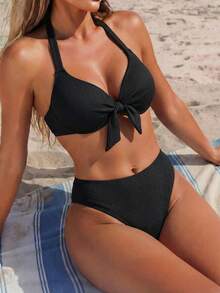 Top de bikini negro con lazo y recogido, de tela especial push-up, para vacaciones, de mujer, Primavera/Verano 2026 - Negro - Ver 2