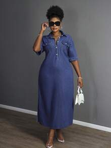 Slaydiva Đầm denim nữ cỡ lớn tay ngắn cài cúc nửa thân trước kiểu dáng thường ngày - Rửa trung bình - Xem 5