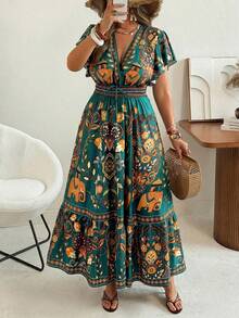 Ceyna Plus Size Women's New Summer Bohemian Style Printed Casual Dress, Pattern Flare Sleeve Waist Dress, Deep V-Neck Maxi Dress With Flared Dress, Fitted Top Flared Dress Maxi Dress Elephant Print Dress V Neck Floral Dress Bohemian Maxi Dress,Hemp Leaf Sleeve Long Summer Dress, Resort Wear Women Vacation Dress Bohemian Outfit For Women Dress Boho - Multicolor - View 5