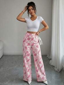 Elenzga 休闲印花高腰直筒女裤，优雅春夏度假装扮，时尚粉色印花女裤 - 粉色 - 查看 4
