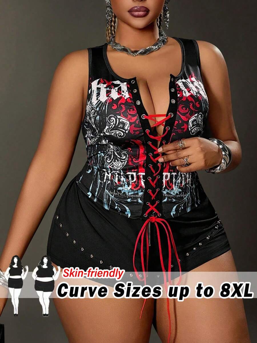 SHEIN CURVE+ 女士性感印花露背吊带短款上衣,适合日常、度假和派对穿着,大码可选 - 黑色 - 查看 1