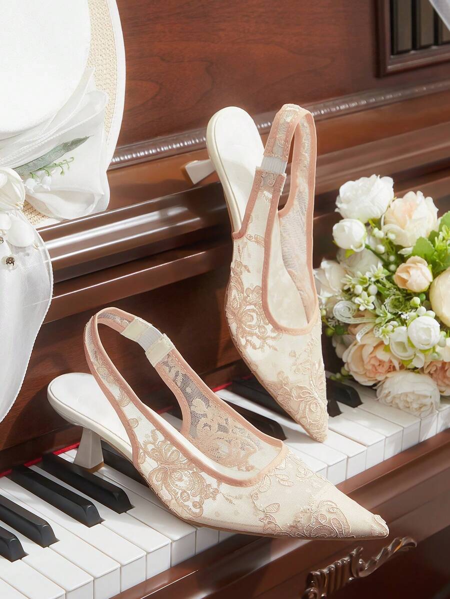 CUCCOO HITCHD Women's Fashion Lace Embroidered Pointed Heels, Transparent Slingback Bridesmaids Wedding Shoes - Beige - View 1
