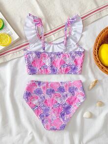 SHEIN 女童贝壳印花荷叶边泳衣套装，可爱 - 紫色 - 查看 2