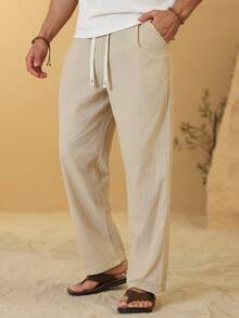 VENTUSAIL Pantalones casuales de algodón y lino con cordón en la cintura, unicolor para hombres - Caqui - Ver 1