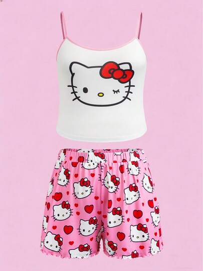 HELLO KITTY AND FRIENDS | SHEIN 大码女式夏季可爱卡通印花滚边吊带背心和短裤睡衣套装