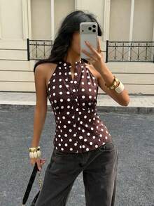 女士波点图案单排扣休闲吊带衬衫 - 棕色 - 查看 6