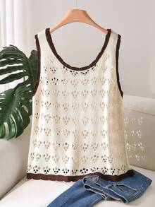 CosyJoli Elegantes Große Größen Camisole-Stricktop in Beige mit Cut-Out-Muster, leicht für Frühling/Sommer Damen - Beige - Übersicht 2
