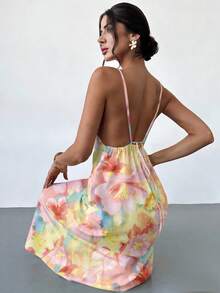 Vestido de verano suelto con estampado floral, tirantes finos y espalda descubierta, para vacaciones y días festivos, color amarillo mantequilla, vestidos de verano para mujer - Multicolor 2 - Ver 9